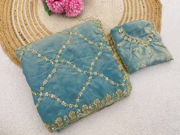 Sky Blue Color Gold  Beads Work with Cut work Satin art silk saree 5