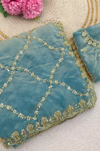 Sky Blue Color Gold  Beads Work with Cut work Satin art silk saree