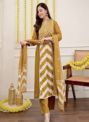 Floral embroidered round neck cotton kurta trosuer and dupatta set 1