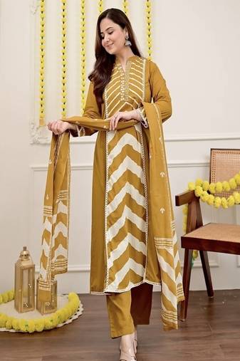 Floral embroidered round neck pure cotton kurta trosuer and dupatta set
