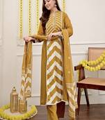 Floral embroidered round neck pure cotton kurta trosuer and dupatta set