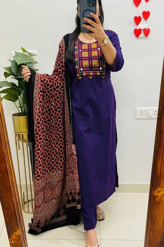 Blue floral embroidered round neck pure cotton kurta trouser dupatta set