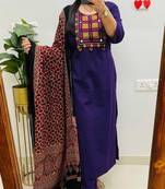 Blue floral embroidered round neck pure cotton kurta trouser dupatta set