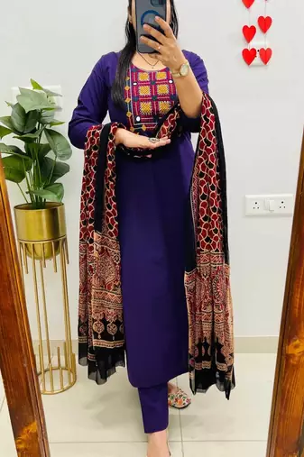 Blue floral embroidered round neck  cotton kurta trouser dupatta set