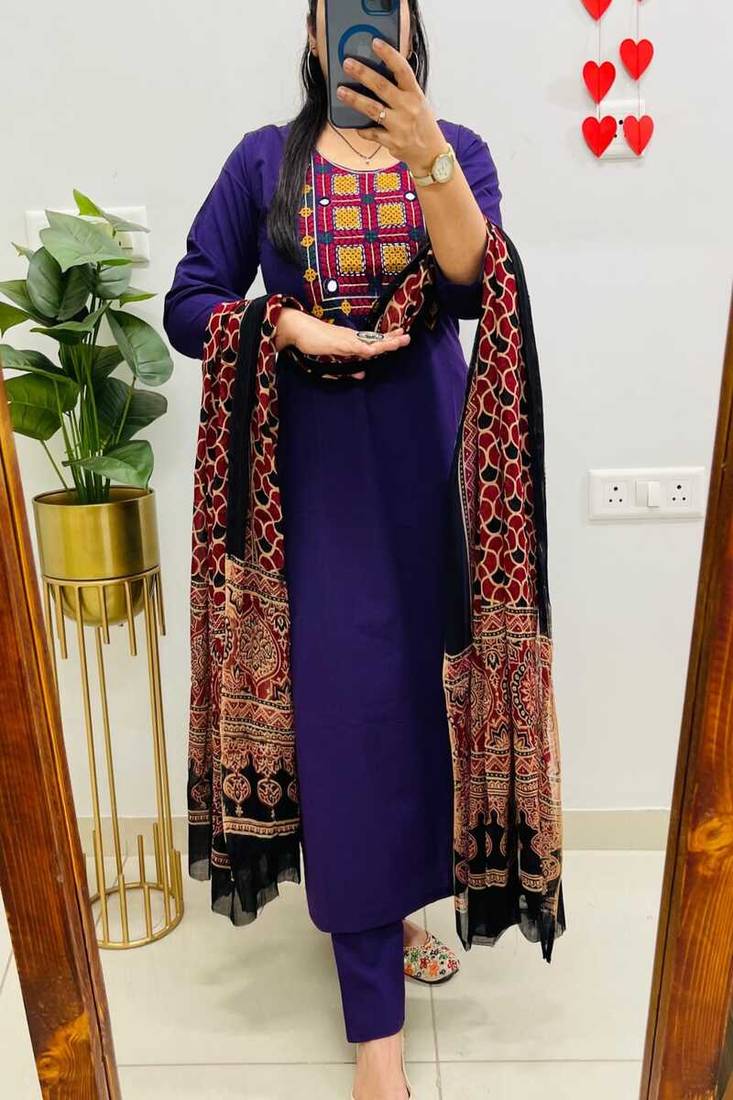 Blue floral embroidered round neck pure cotton kurta trouser dupatta set