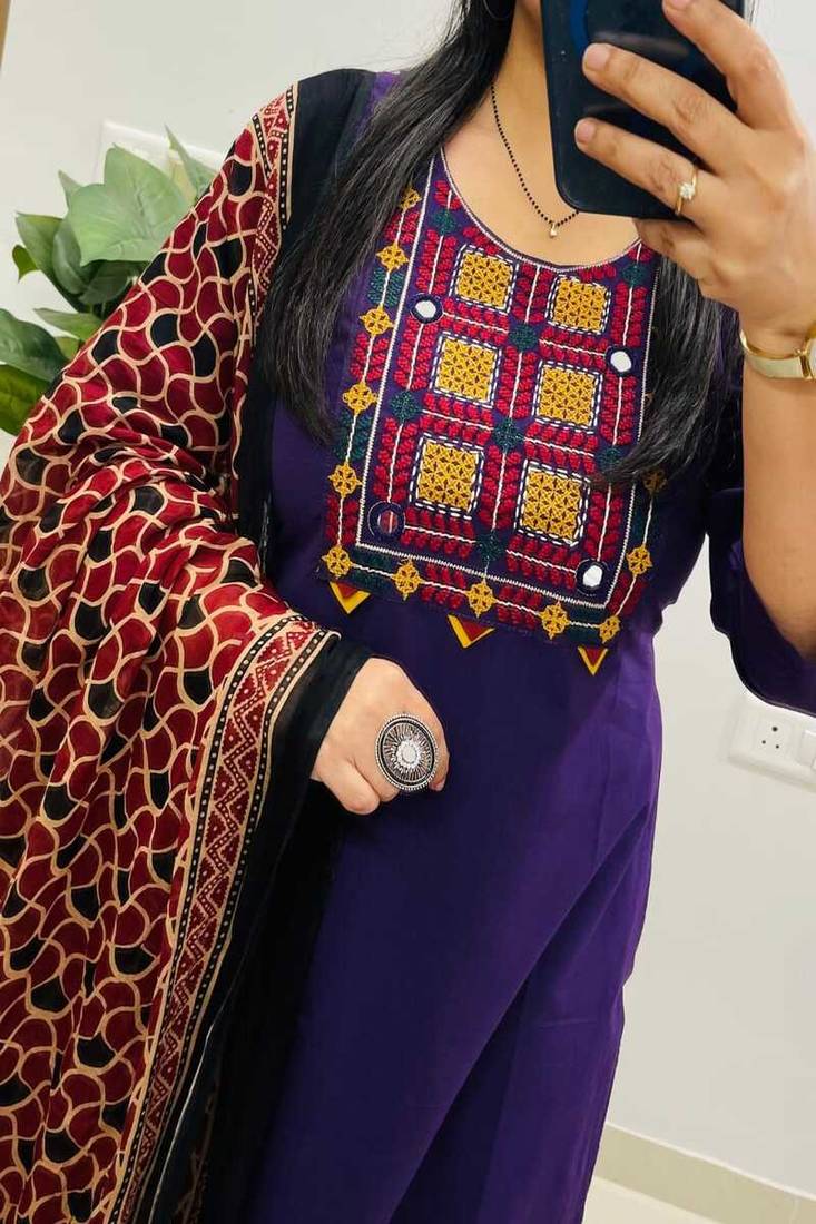 Blue floral embroidered round neck pure cotton kurta trouser dupatta set