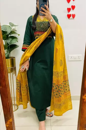 Green floral embroidered v neck pure cotton kurta trouser dupatta set