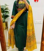 Green floral embroidered v neck pure cotton kurta trouser dupatta set