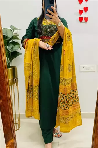 Green floral embroidered v neck  cotton kurta trouser dupatta set