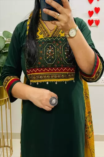 Green floral embroidered v neck  cotton kurta trouser dupatta set
