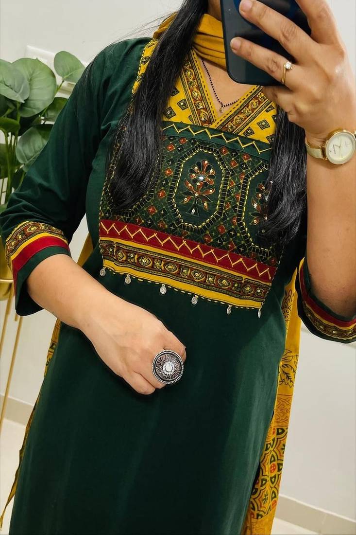 Green floral embroidered v neck pure cotton kurta trouser dupatta set