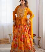 Stunning Mustard Yellow Printed Georgette Crop Top Lehenga With Jacket