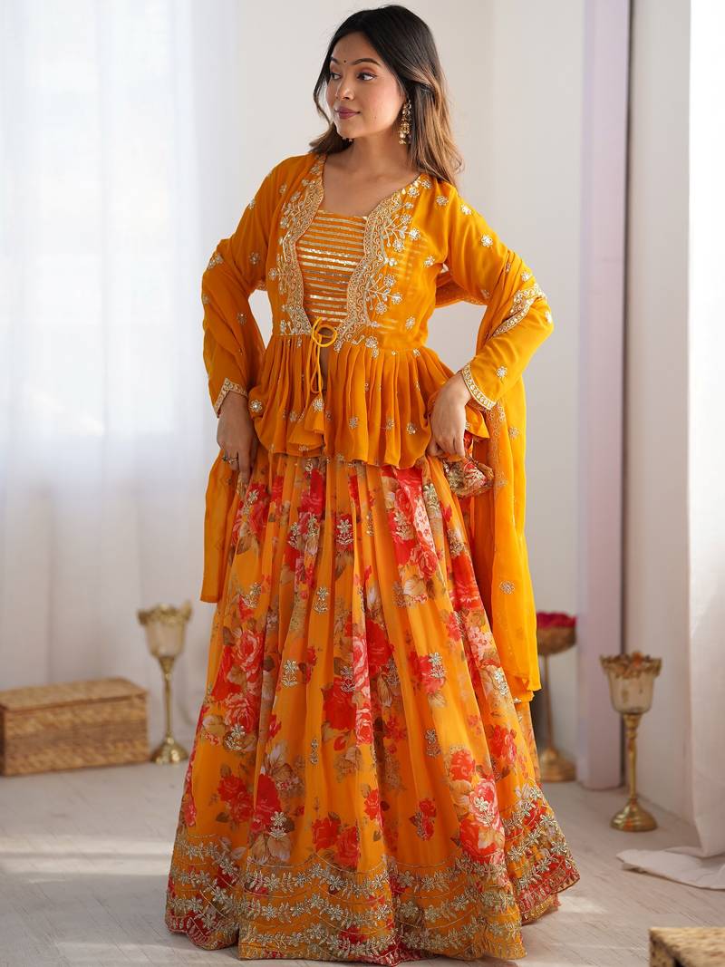 Stunning Mustard Yellow Printed Georgette Crop Top Lehenga With Jacket