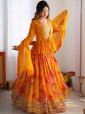 Stunning Mustard Yellow Printed Georgette Crop Top Lehenga With Jacket 2