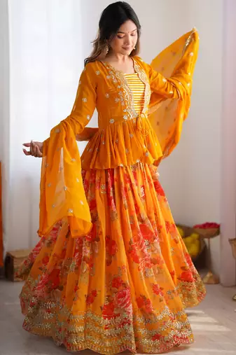 Stunning Mustard Yellow Printed Georgette Crop Top Lehenga With Jacket