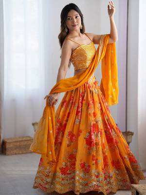 Stunning Mustard Yellow Printed Georgette Crop Top Lehenga With Jacket 3