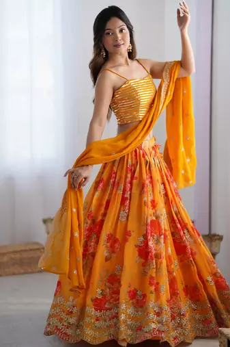 Stunning Mustard Yellow Printed Georgette Crop Top Lehenga With Jacket