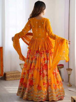 Stunning Mustard Yellow Printed Georgette Crop Top Lehenga With Jacket 4