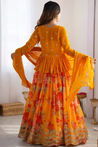 Stunning Mustard Yellow Printed Georgette Crop Top Lehenga With Jacket