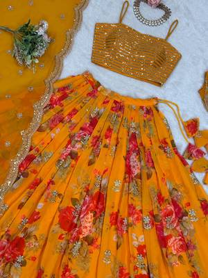 Stunning Mustard Yellow Printed Georgette Crop Top Lehenga With Jacket 6