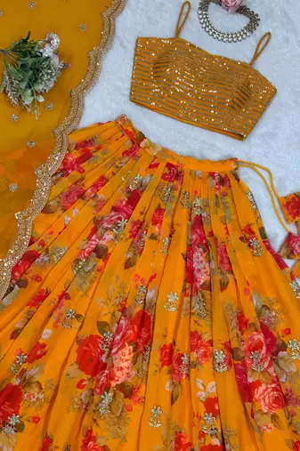 Stunning Mustard Yellow Printed Georgette Crop Top Lehenga With Jacket