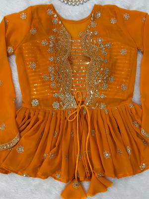 Stunning Mustard Yellow Printed Georgette Crop Top Lehenga With Jacket 7