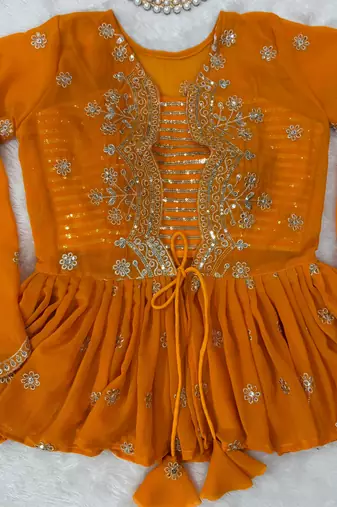 Stunning Mustard Yellow Printed Georgette Crop Top Lehenga With Jacket