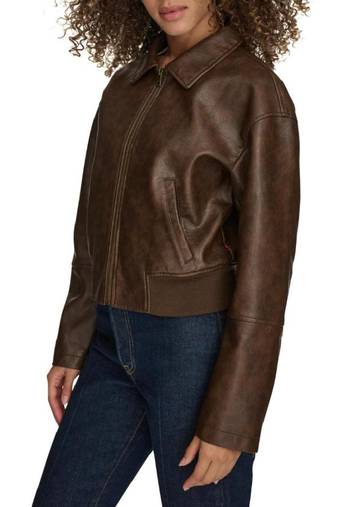 Brown leather bomber jacket women genuine leather rib jacket