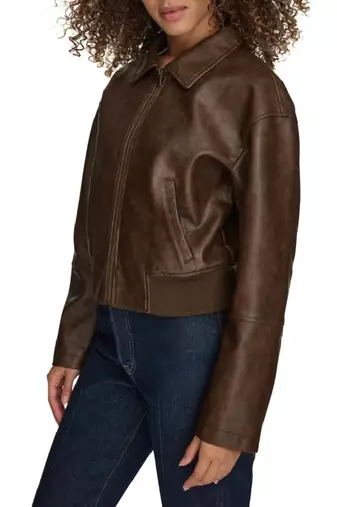 Brown leather bomber jacket women genuine leather rib jacket