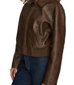 Brown leather bomber jacket women genuine leather rib jacket