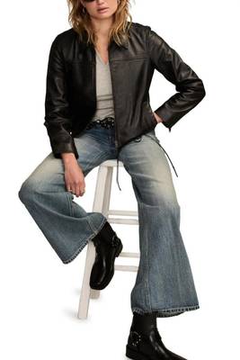 women's black lambskin leather biker jacket zip front 1