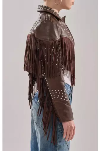 women's black lambskin leather biker jacket with fringe