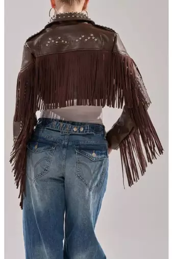 women's black lambskin leather biker jacket with fringe