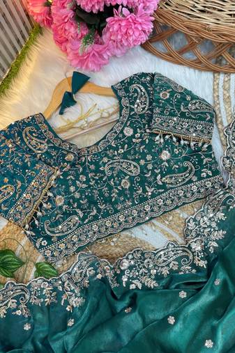 Emerald Color Embroidery sequence work heavy border Satin Saree