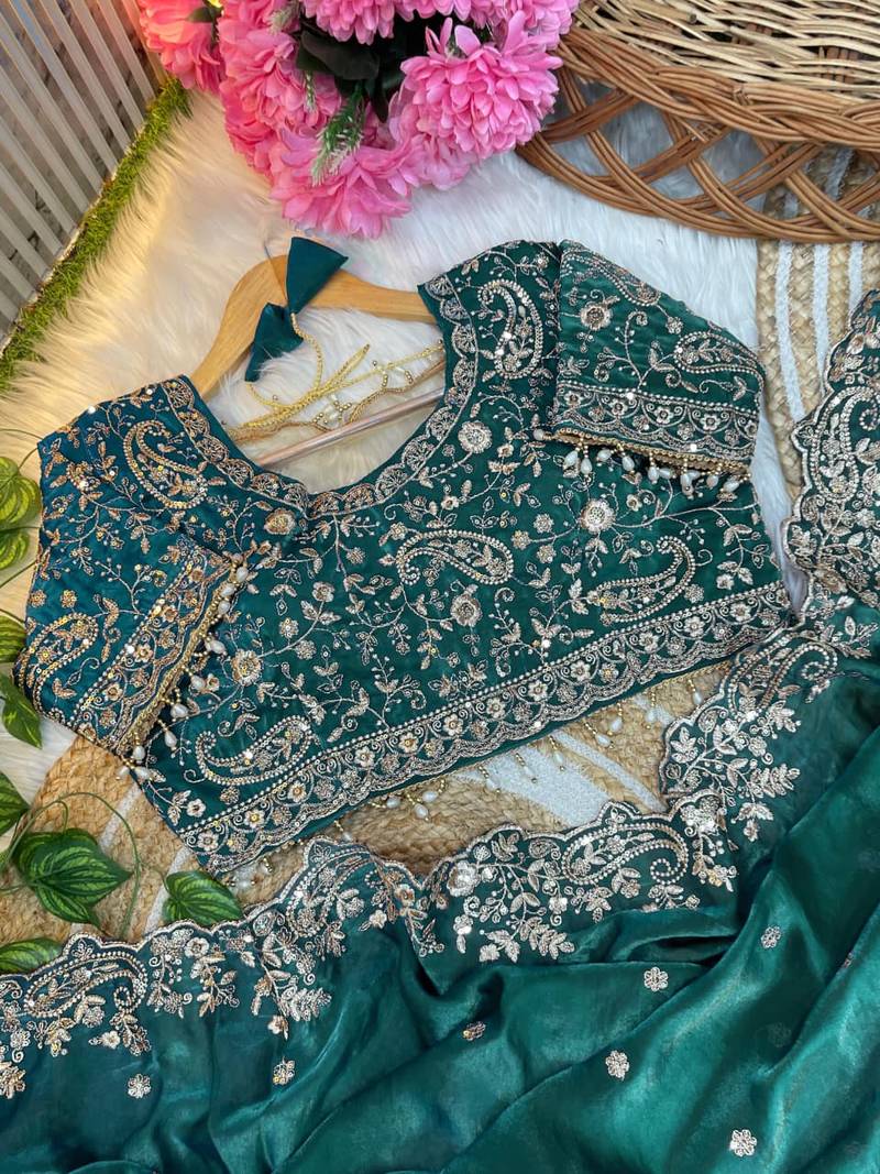 Emerald Color Embroidery sequence work heavy border Satin Saree