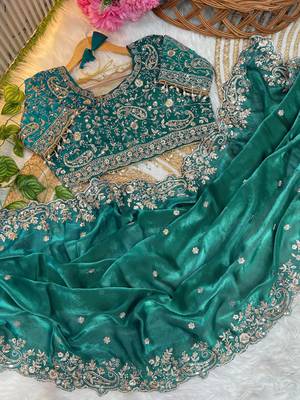 Emerald Color Embroidery sequence work heavy border Satin Saree 2