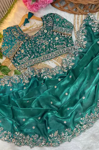 Emerald Color Embroidery sequence work heavy border Satin Saree