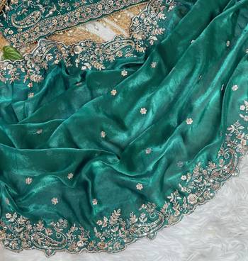 Emerald Color Embroidery sequence work heavy border Satin Saree 3