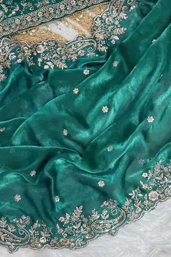 Emerald Color Embroidery sequence work heavy border Satin Saree