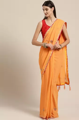 Orange Hand Embroidered Georgette Sustainable Saree
