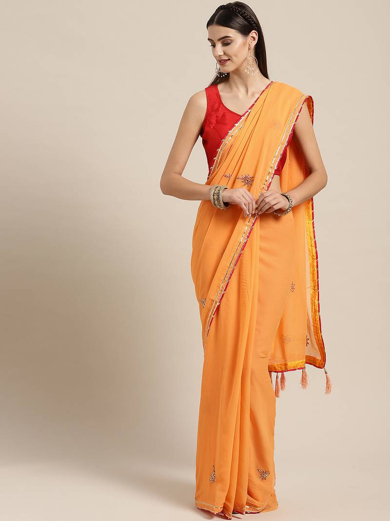 Orange Hand Embroidered Georgette Sustainable Saree