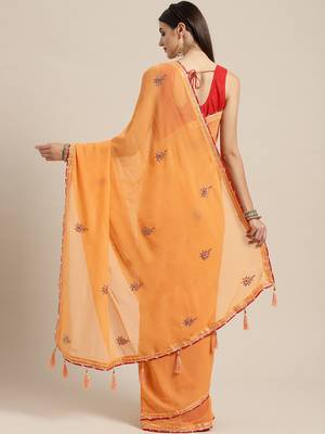orange georgette hand embroidered saree 2