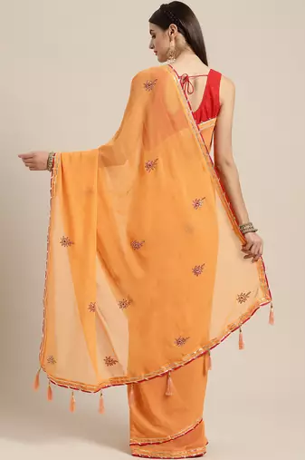 orange georgette hand embroidered saree
