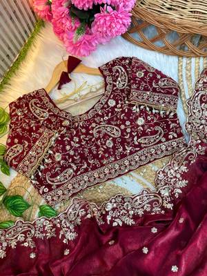 Maroon Color Embroidery sequence work heavy border Satin Saree 1