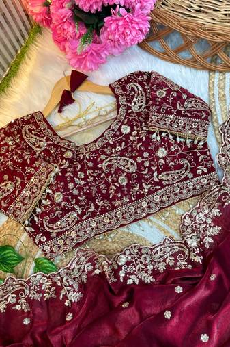 Maroon Color Embroidery sequence work heavy border Satin Saree