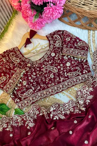 Maroon Color Embroidery sequence work heavy border Satin Saree