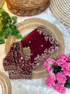 Maroon Color Embroidery sequence work heavy border Satin Saree 2