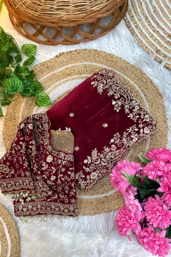 Maroon Color Embroidery sequence work heavy border Satin Saree
