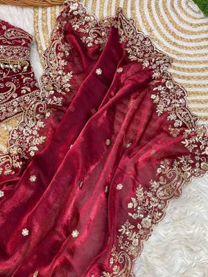 Maroon Color Embroidery sequence work heavy border Satin Saree 3