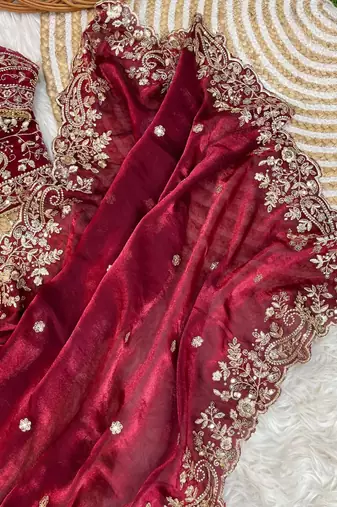 Maroon Color Embroidery sequence work heavy border Satin Saree